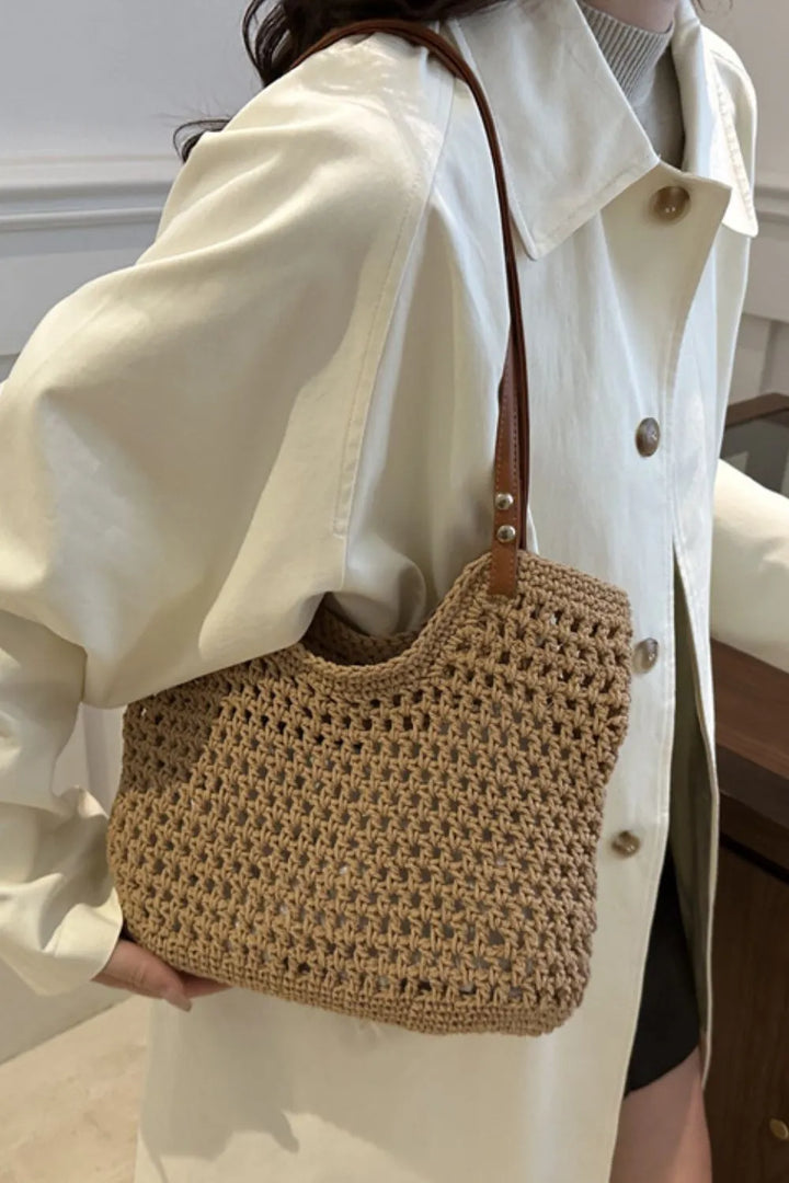 Textured woven cotton shoulder bag for women, available in camel & ivory. Casual, eco-friendly, and lightweight.