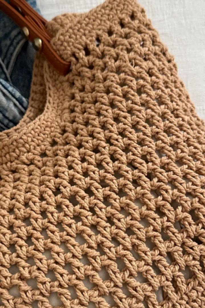 Everyday women's shoulder bag made from woven cotton. Stylish, lightweight, and eco-friendly fabric tote in camel.