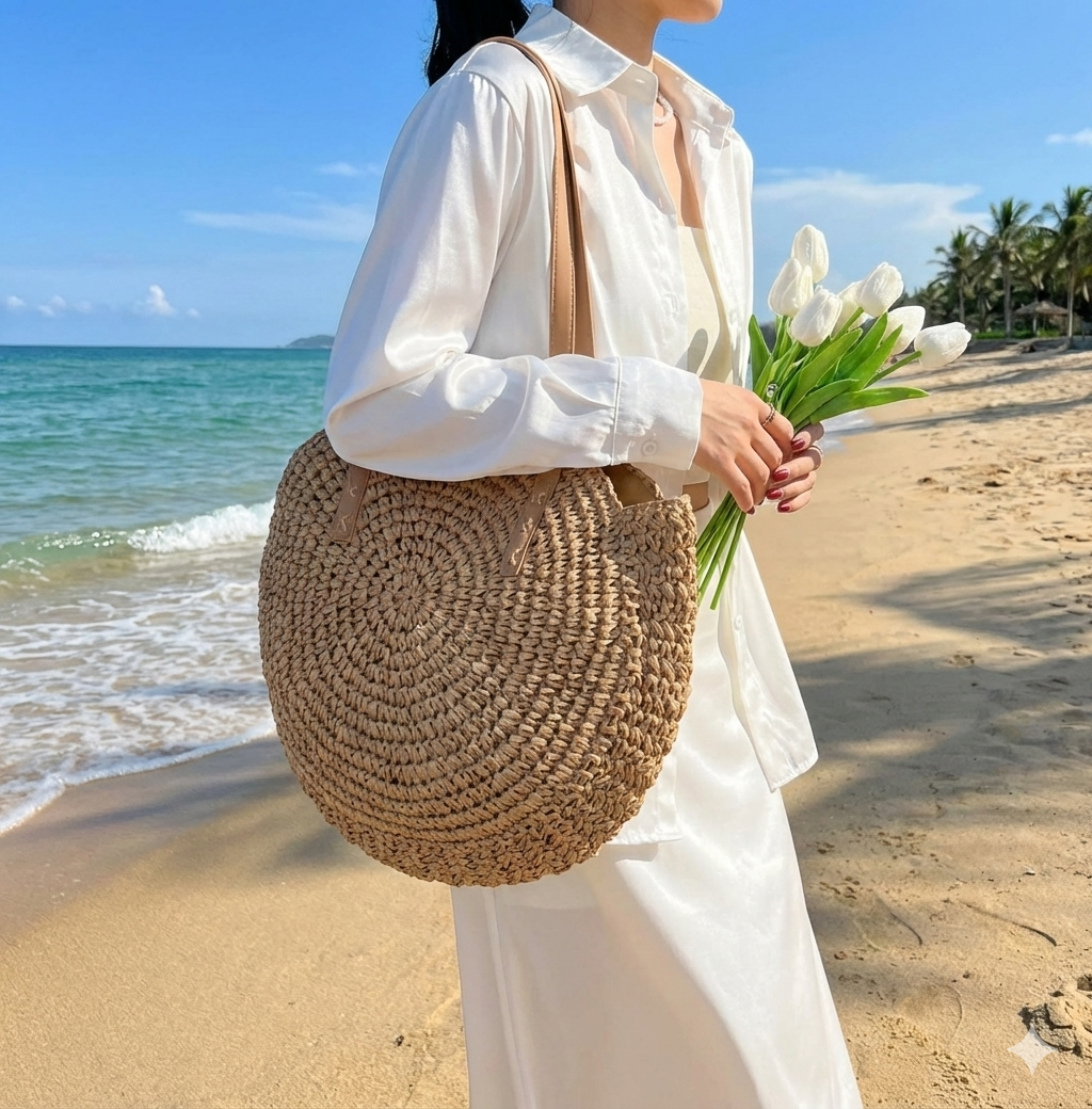 Versatile women's round woven shoulder bag, ideal for beach or everyday use. Bohemian natural fiber fashion accessory.