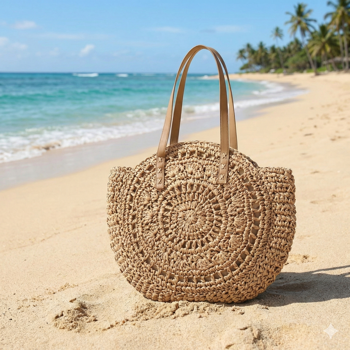 Stylish round woven women's shoulder bag, made from natural fibers. A casual and chic beach tote for summer.