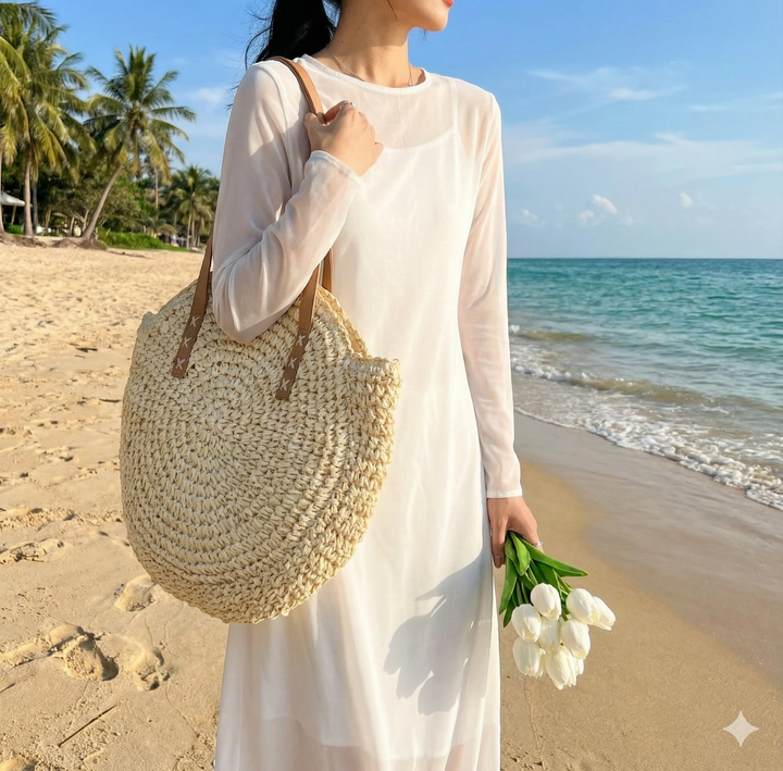 Bohemian women's woven round bag. Natural fiber shoulder tote, a versatile fashion accessory for beach or everyday.