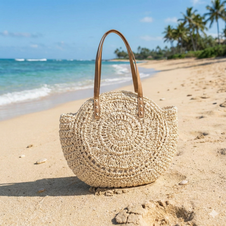 Elegant women's round woven shoulder bag, a durable and stylish beach tote. Natural fiber handbag for summer fashion.