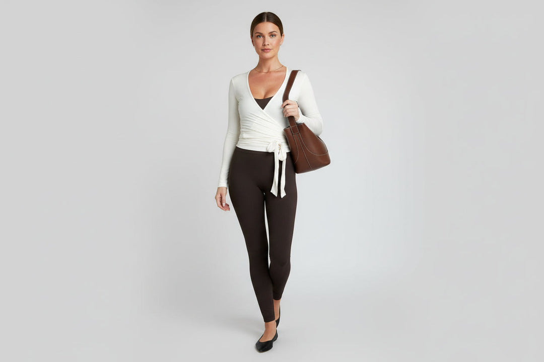 Women's wrap front activewear top, V-neck, long sleeve for yoga & pilates.