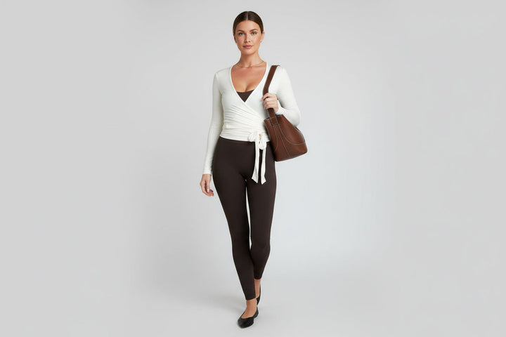 Women's wrap front activewear top, V-neck, long sleeve for yoga & pilates.