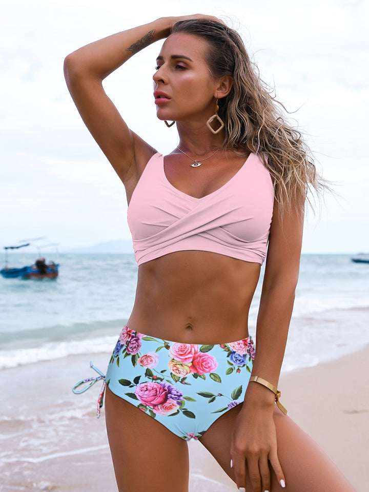 Women's summer swimwear, high-waisted wrap top bikini set, perfect for beach days & poolside lounging.