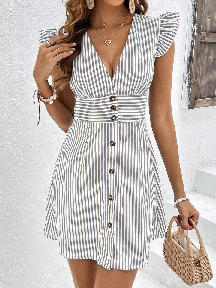 "Women's A-Line Dress with ruffle sleeves and a button front, side view, striped cotton blend for casual elegance."