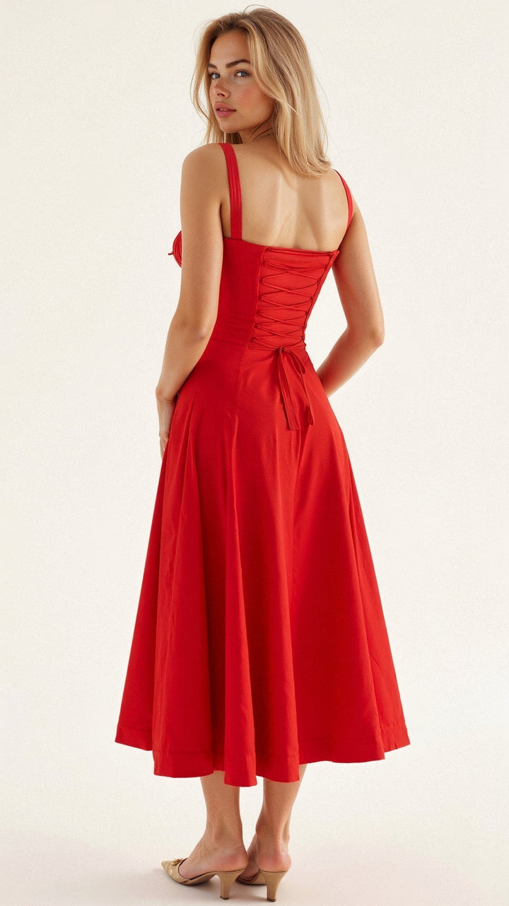 Women's Arabella waist dress with sweetheart neckline, light summer fabric, adjustable fit for elegant silhouette styling.