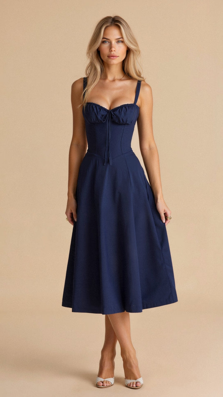 Women's Arabella waist dress with sweetheart neckline, light summer fabric, adjustable fit for elegant silhouette styling.
