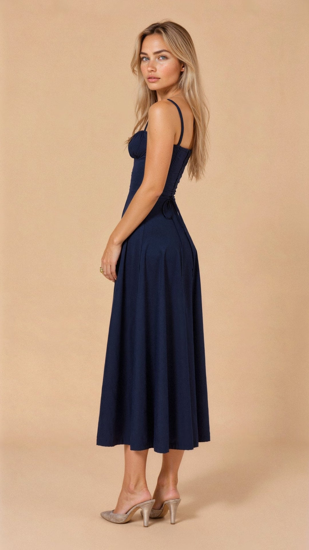 Women's Arabella waist dress with sweetheart neckline, light summer fabric, adjustable fit for elegant silhouette styling.