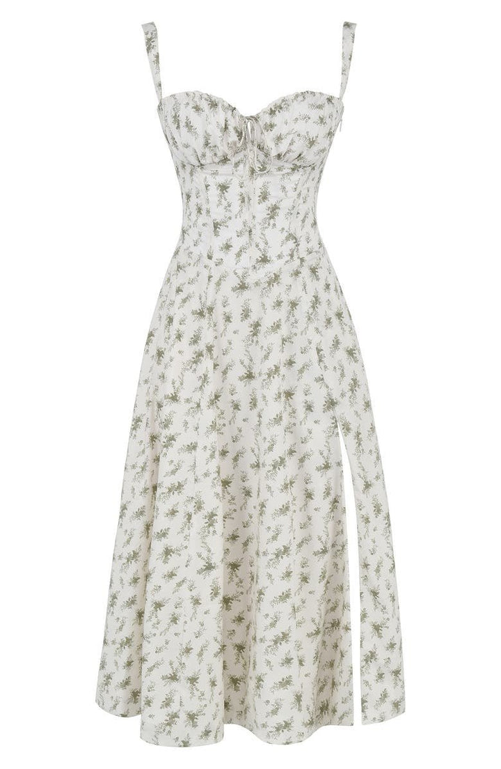 Women's Arabella waist dress with sweetheart neckline, light summer fabric, adjustable fit for elegant silhouette styling.