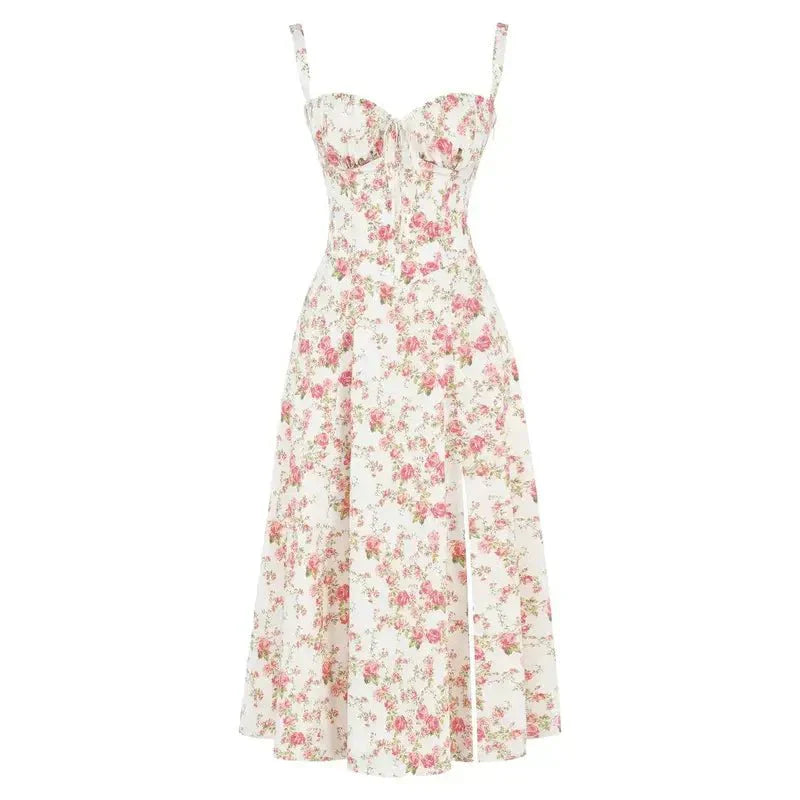 Women's Arabella waist dress with sweetheart neckline, light summer fabric, adjustable fit for elegant silhouette styling.