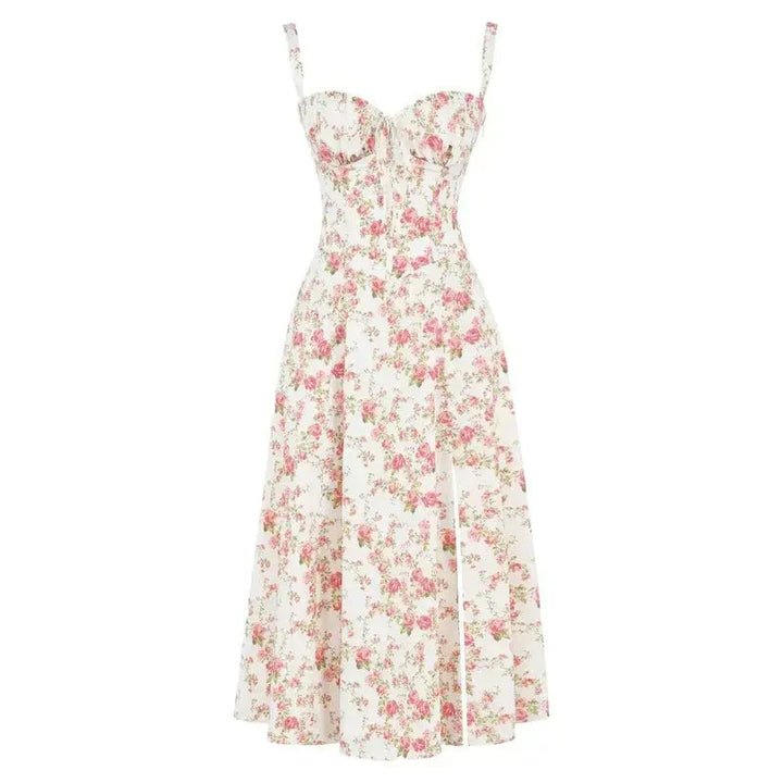 Women's Arabella waist dress with sweetheart neckline, light summer fabric, adjustable fit for elegant silhouette styling.