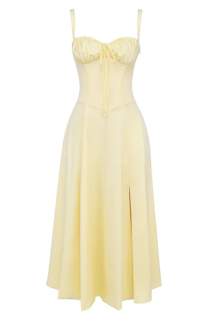 Women's Arabella waist dress with sweetheart neckline, light summer fabric, adjustable fit for elegant silhouette styling.