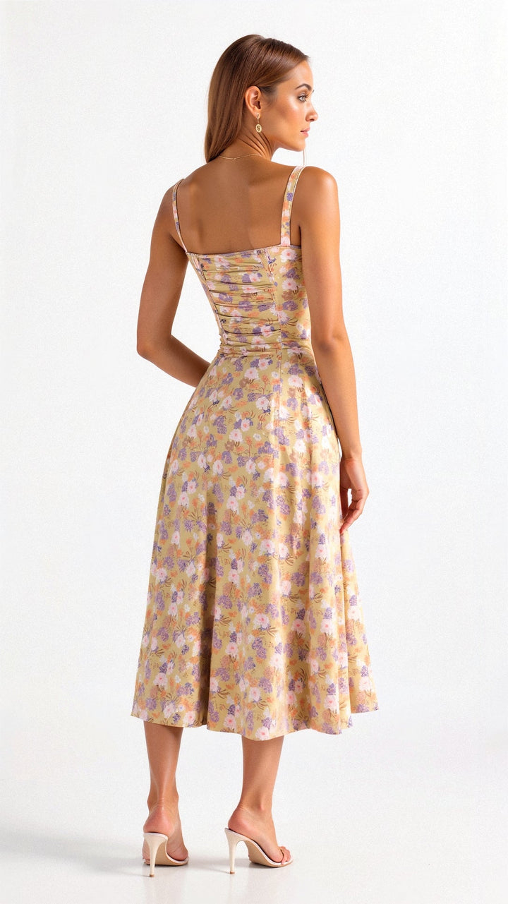 Women's Arabella waist dress with sweetheart neckline, light summer fabric, adjustable fit for elegant silhouette styling.