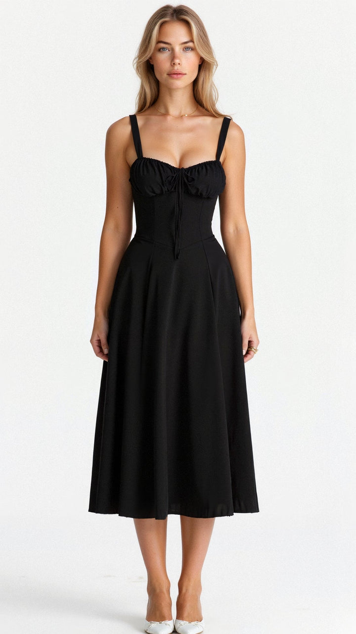 Women's Arabella waist dress with sweetheart neckline, light summer fabric, adjustable fit for elegant silhouette styling.