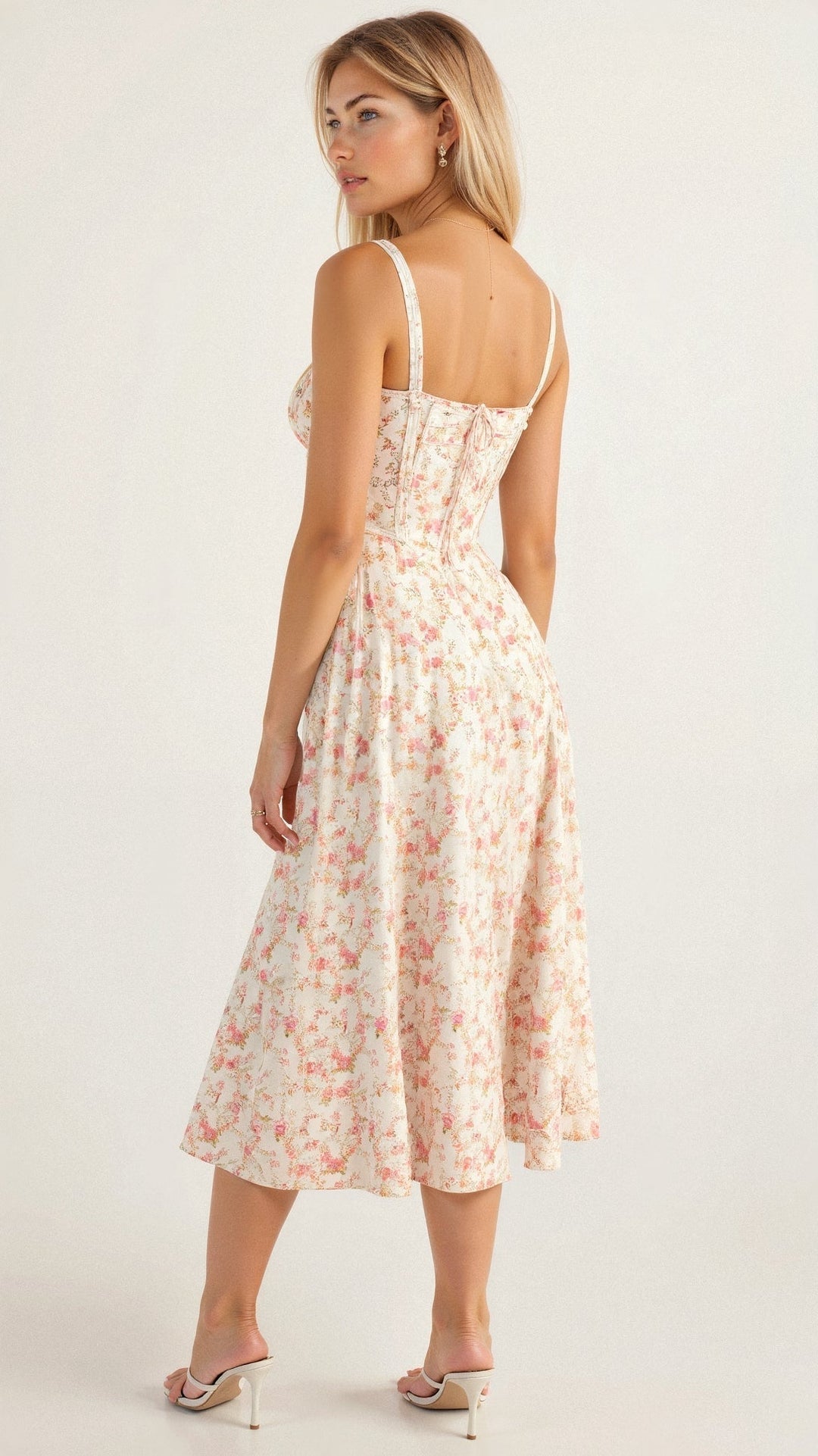Women's Arabella waist dress with sweetheart neckline, light summer fabric, adjustable fit for elegant silhouette styling.