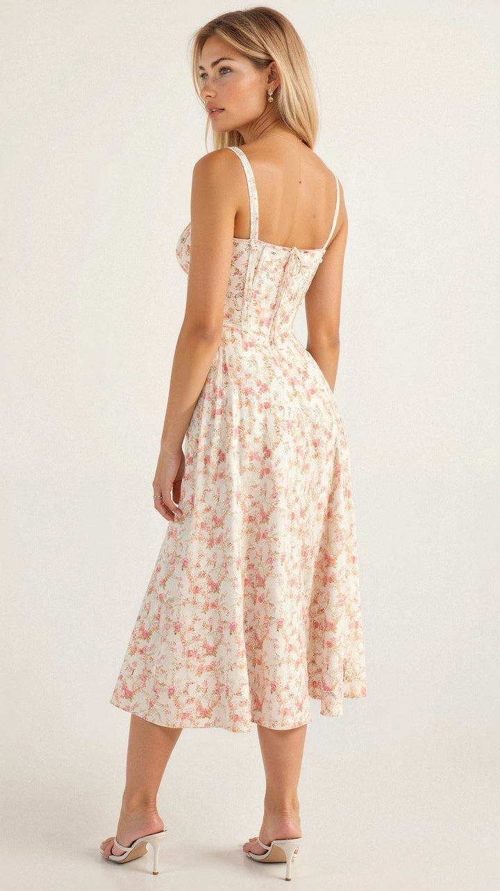 Women's Arabella waist dress with sweetheart neckline, light summer fabric, adjustable fit for elegant silhouette styling.