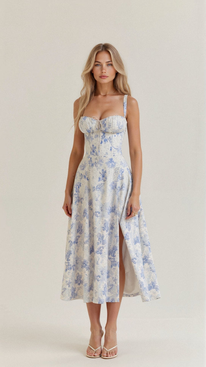 Women's Arabella waist dress with sweetheart neckline, light summer fabric, adjustable fit for elegant silhouette styling.
