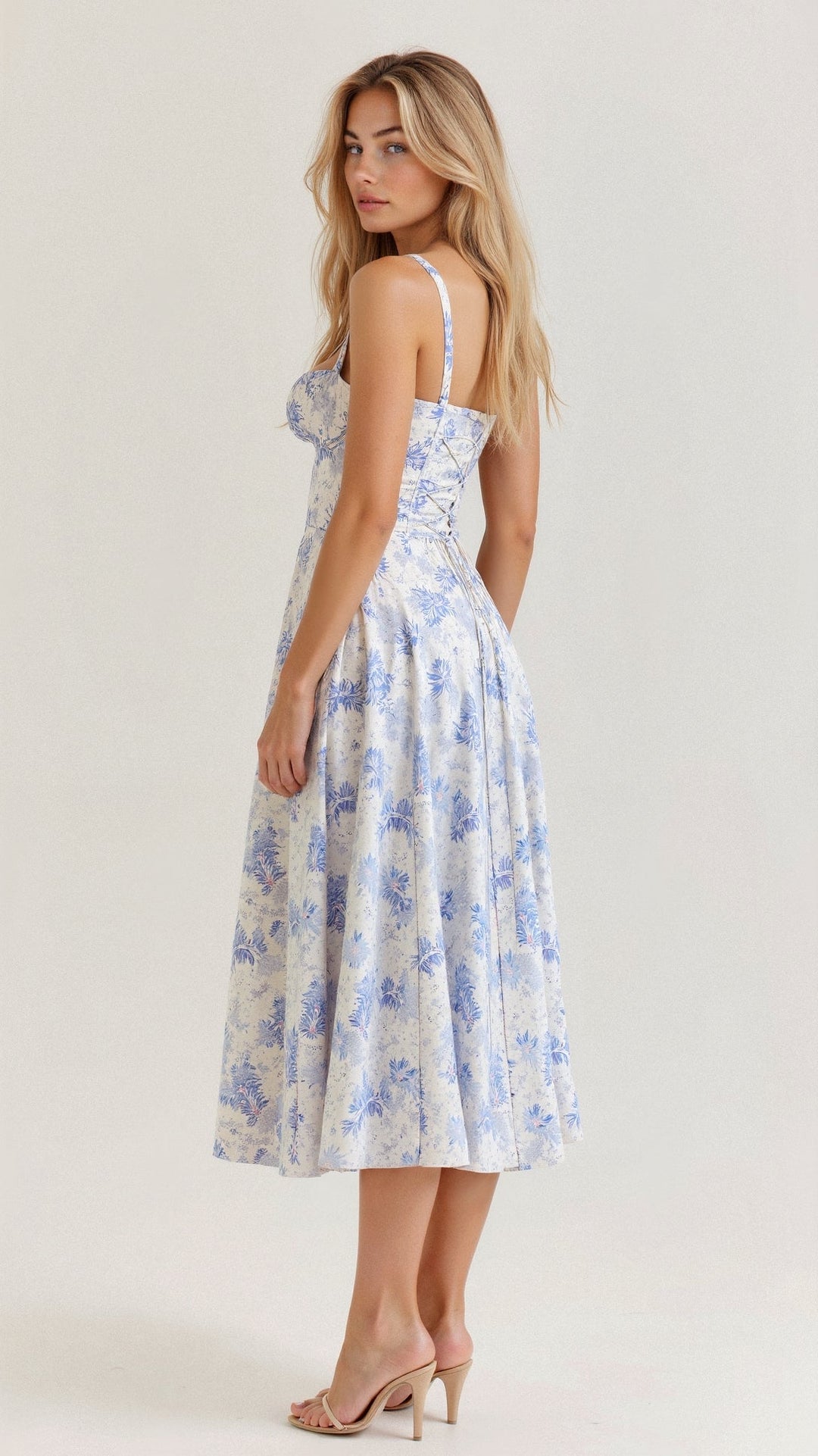 Women's Arabella waist dress with sweetheart neckline, light summer fabric, adjustable fit for elegant silhouette styling.
