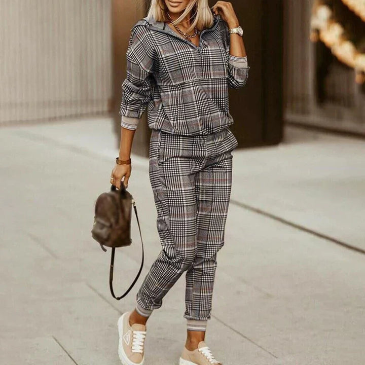 Women's athleisure set with zip hoodie and joggers, featuring a chic patterned design in cosy, breathable fabric.