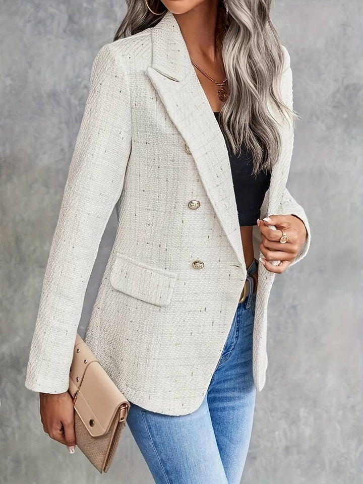 Women's Beige Long-Sleeve Blazer with Notched Collar, elegant style, structured fit, versatile professional wear.