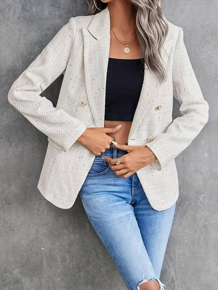 Women's Beige Long-Sleeve Blazer with Notched Collar, elegant style, structured fit, versatile professional wear.