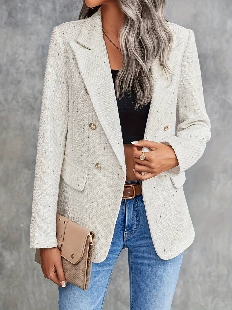 Women's Beige Long-Sleeve Blazer with Notched Collar, elegant style, structured fit, versatile professional wear.