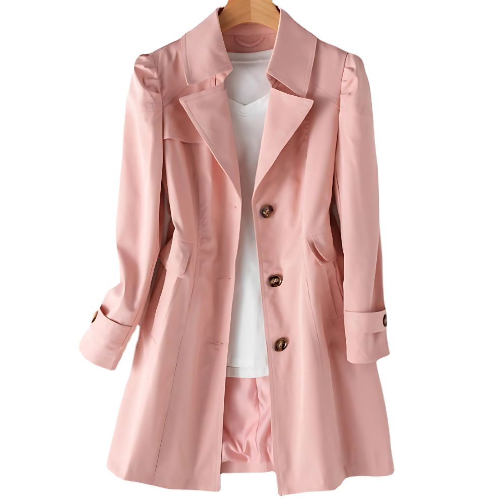"Women's beige trench coat, water-resistant, mid-length, with adjustable waist belt and classic design for stylish protection