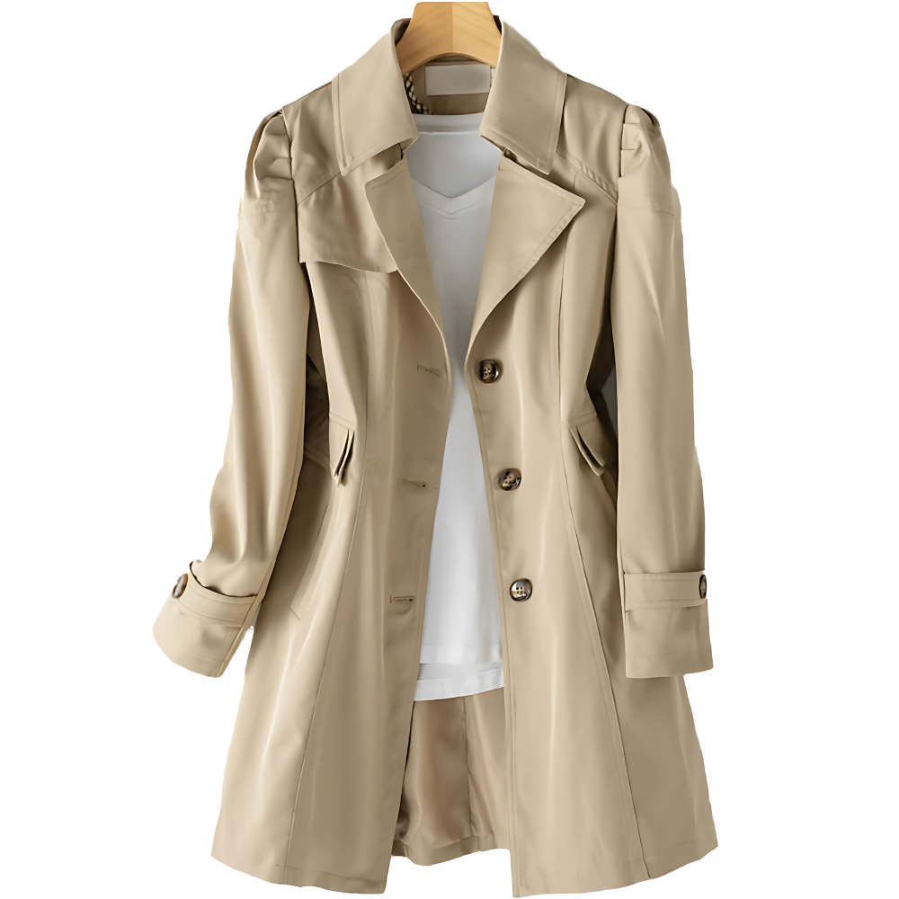 "Women's beige trench coat, water-resistant, mid-length, with adjustable waist belt and classic design for stylish protection