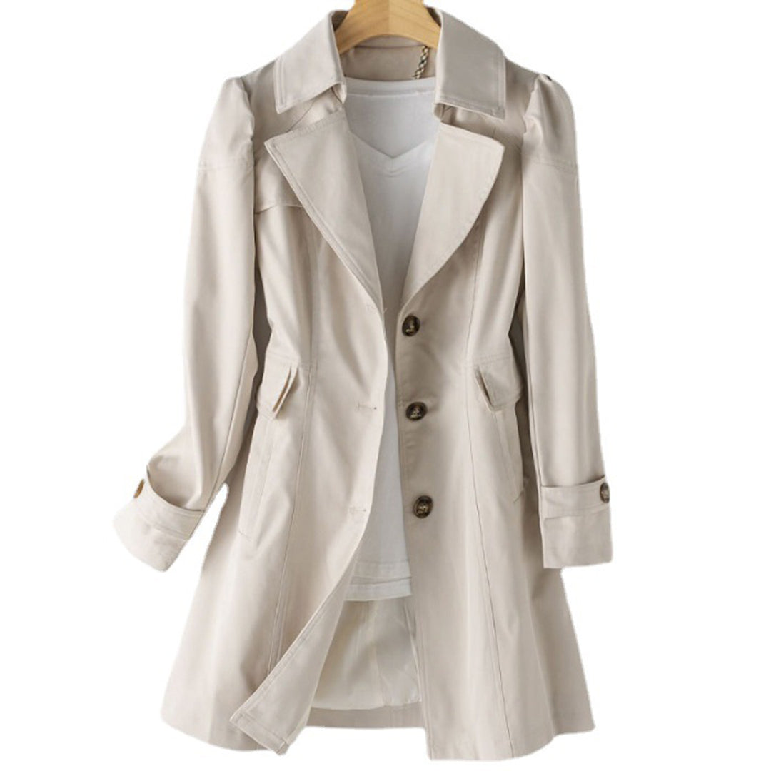 "Women's beige trench coat, water-resistant, mid-length, with adjustable waist belt and classic design for stylish protection