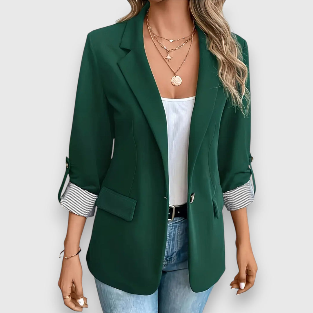 "Women's blazer with notched lapels and rolled cuff sleeves, tailored fit in black, ideal for professional or casual wear."