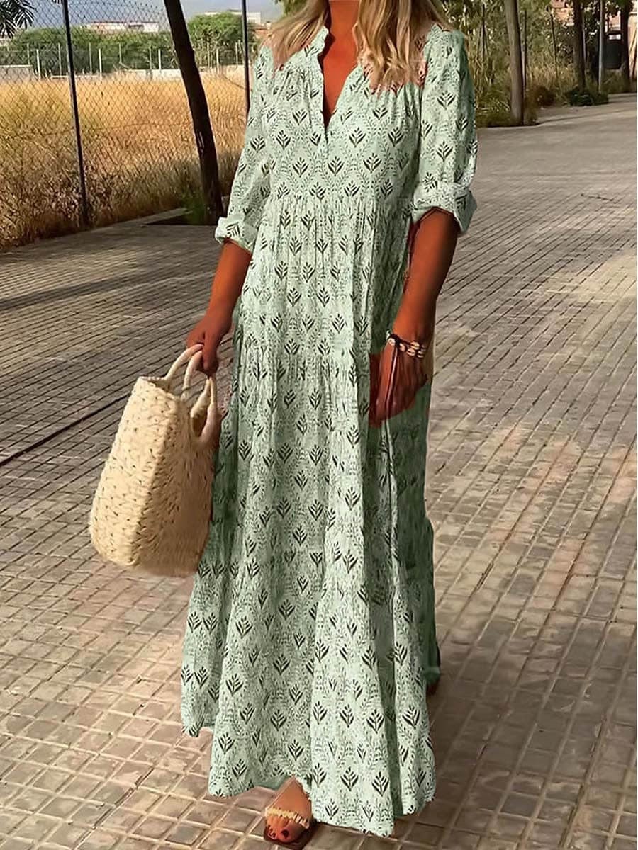 "Women's Bohemian V-Neck Maxi Dress in flowing fabric with 3/4 sleeves, perfect for summer occasions and versatile styling."