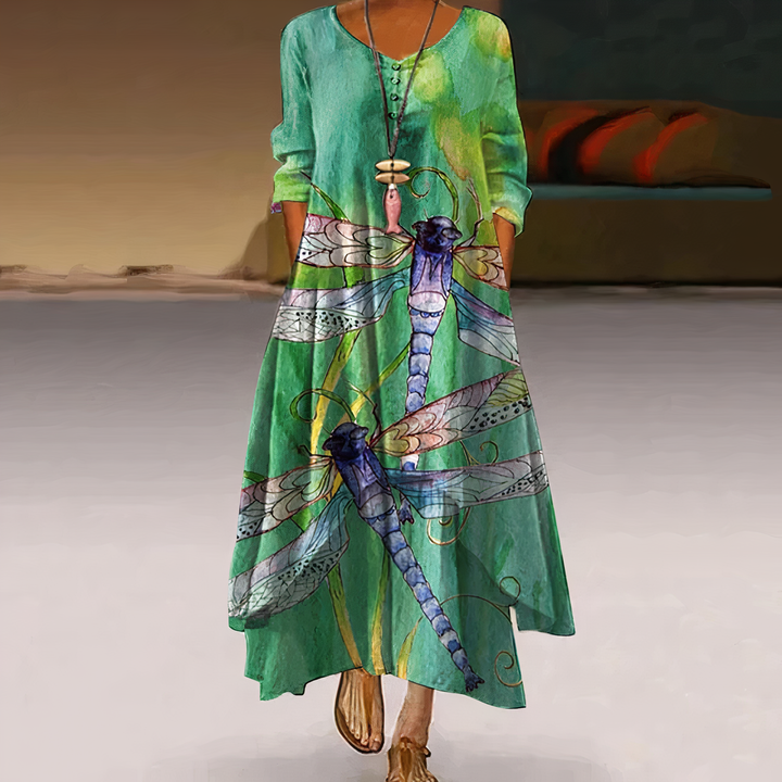 "Women's breathable midi dress with elegant floral design, A-line silhouette, perfect for all seasons and occasions."