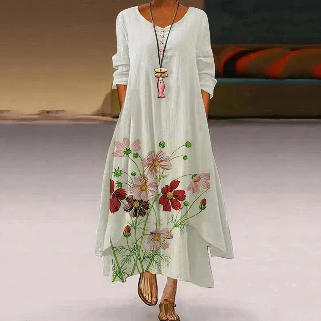 "Women's breathable midi dress with elegant floral design, A-line silhouette, perfect for all seasons and occasions."