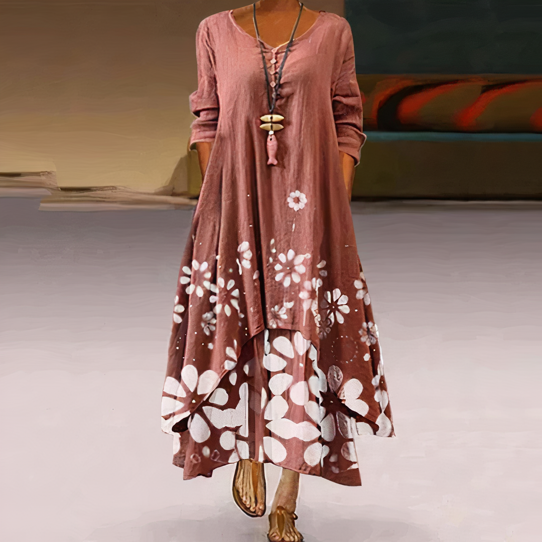 "Women's breathable midi dress with elegant floral design, A-line silhouette, perfect for all seasons and occasions."