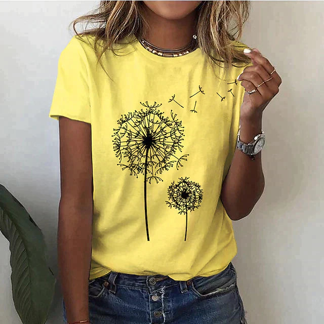 "Women's casual floral T-shirt in black with dandelion print, round neckline, relaxed fit, available in multiple colors."