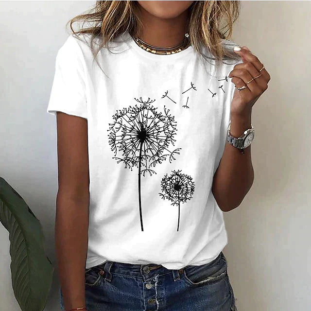 "Women's casual floral T-shirt in black with dandelion print, round neckline, relaxed fit, available in multiple colors."