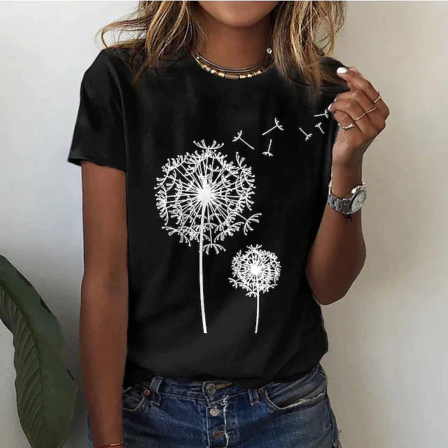 "Women's casual floral T-shirt in black with dandelion print, round neckline, relaxed fit, available in multiple colors."