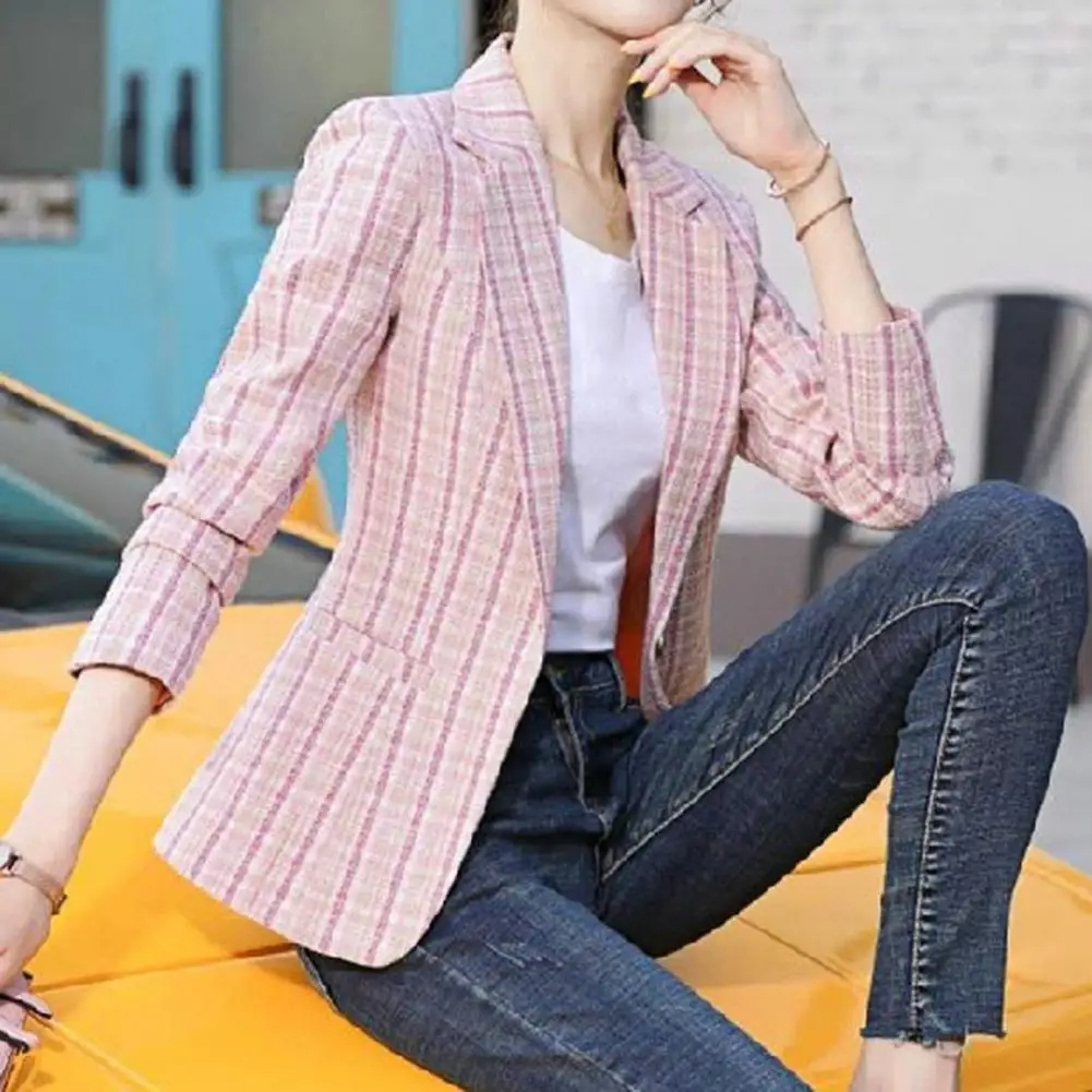 "Women's checkered single-button blazer, elegant tailoring, premium fabric, classic design, versatile for work or casual."