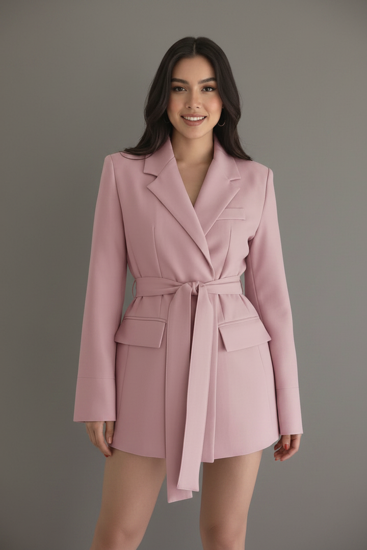 Tailored womens blazer dress with elegant tie belt, ideal for versatile party, evening or cocktail events.
