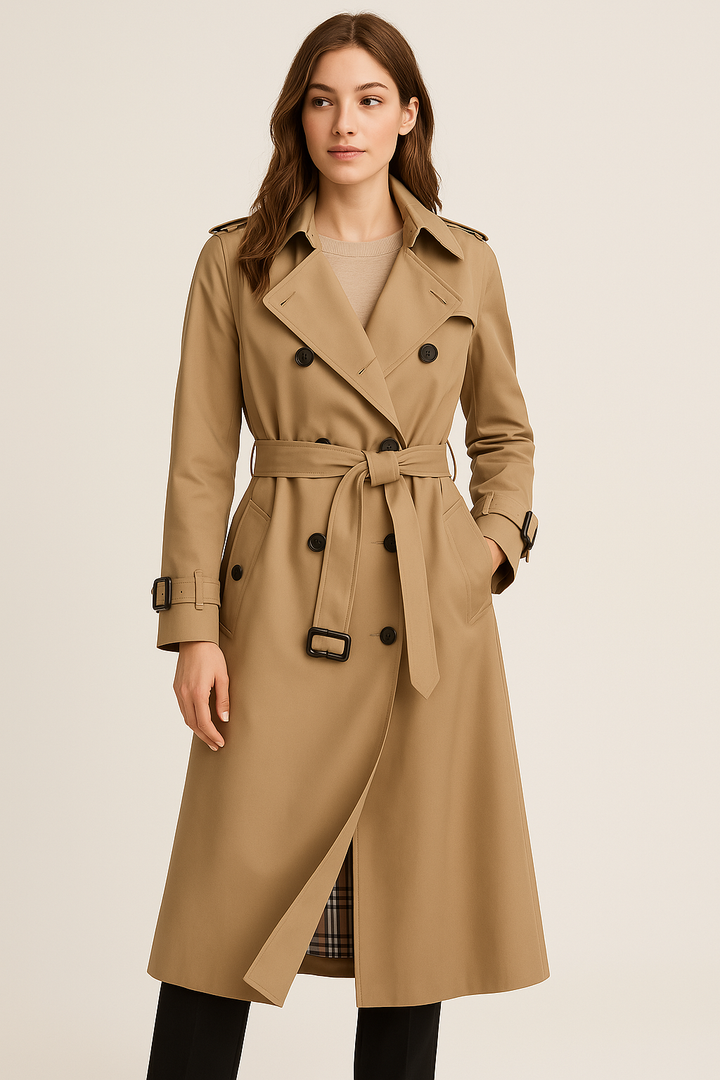 Women's classic double button trench coat with belt, sleek silhouette, double-breasted design, and detachable belt front view