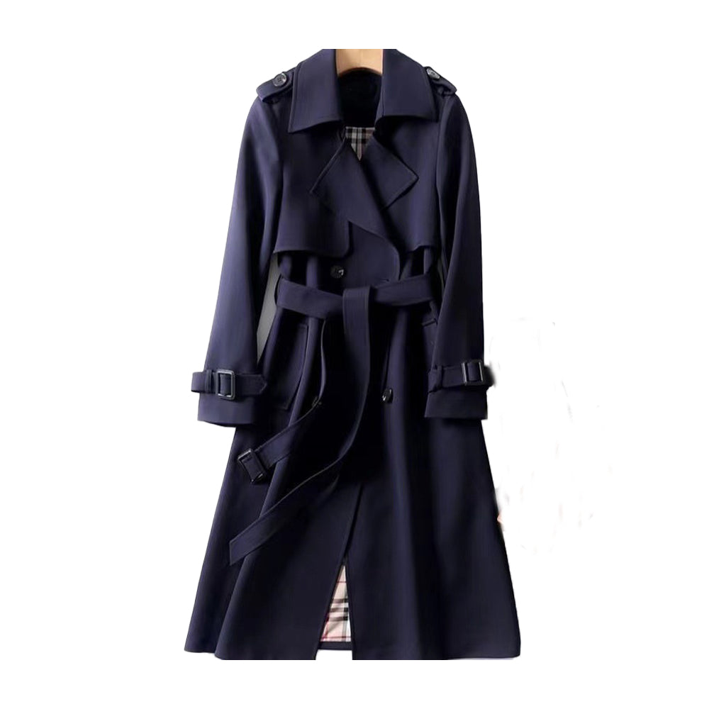 Women's classic double button trench coat with belt, sleek silhouette, double-breasted design, and detachable belt front view
