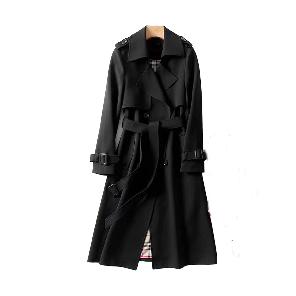 Women's classic double button trench coat with belt, sleek silhouette, double-breasted design, and detachable belt front view