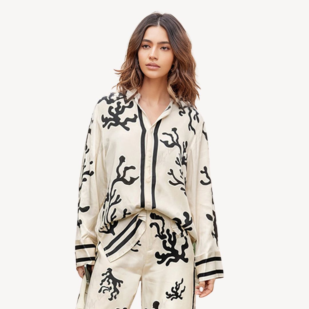 "Womens coral print pajama set, off-white with black coral patterns, long-sleeve top, elegant and stylish sleepwear."