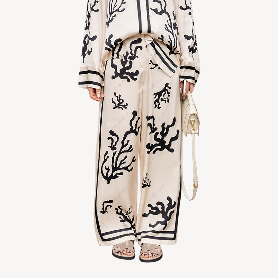 "Womens coral print pajama set, off-white with black coral patterns, long-sleeve top, elegant and stylish sleepwear."