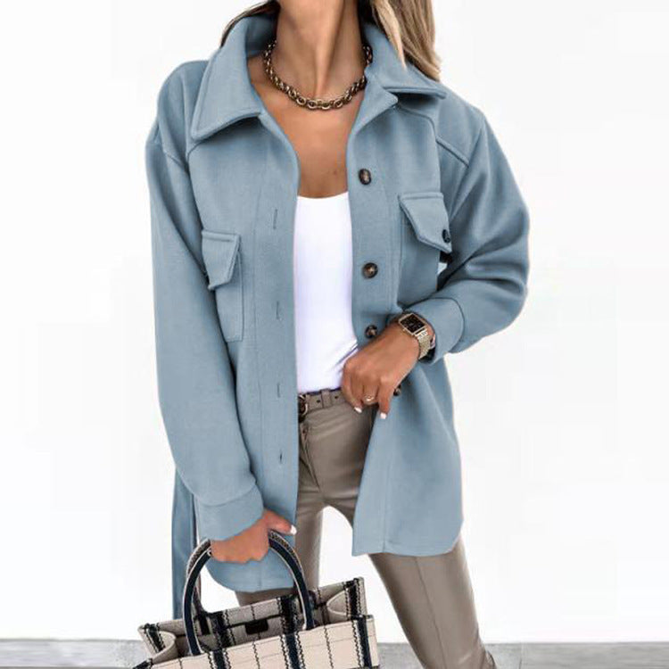 Women's cotton casual jacket with a sleek, elegant cut; versatile for work or outings; available in beige, black, and blue.