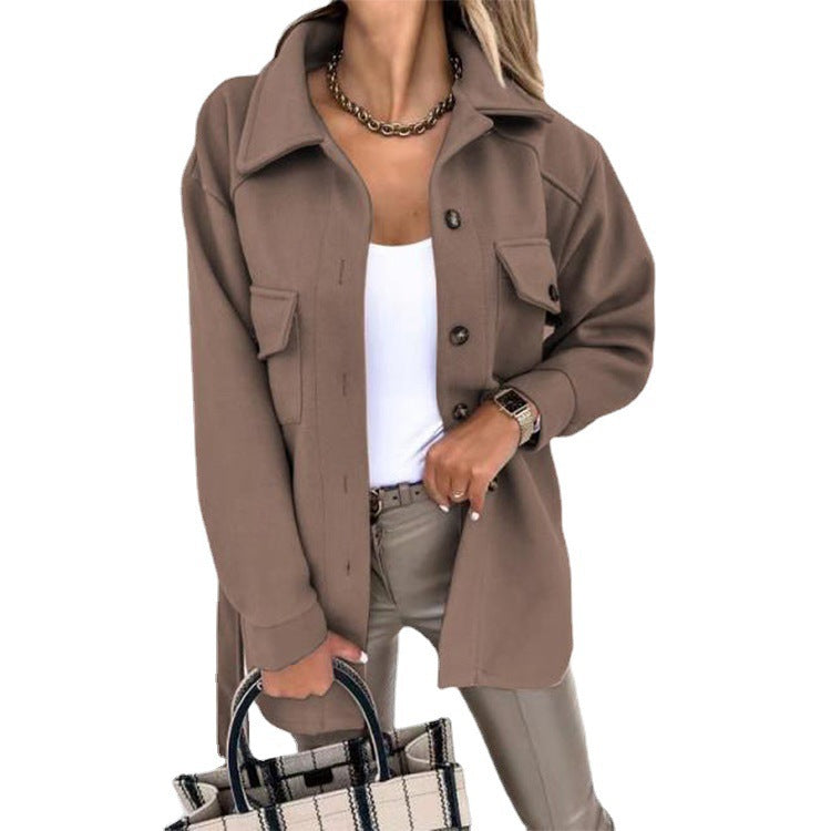 Women's cotton casual jacket with a sleek, elegant cut; versatile for work or outings; available in beige, black, and blue.