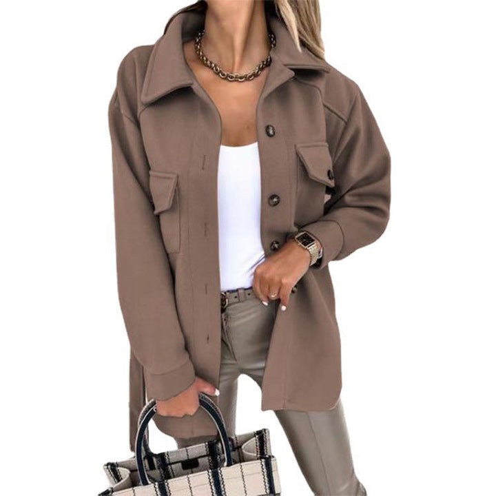 Women's cotton casual jacket with a sleek, elegant cut; versatile for work or outings; available in beige, black, and blue.