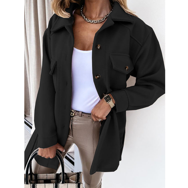 Women's cotton casual jacket with a sleek, elegant cut; versatile for work or outings; available in beige, black, and blue.