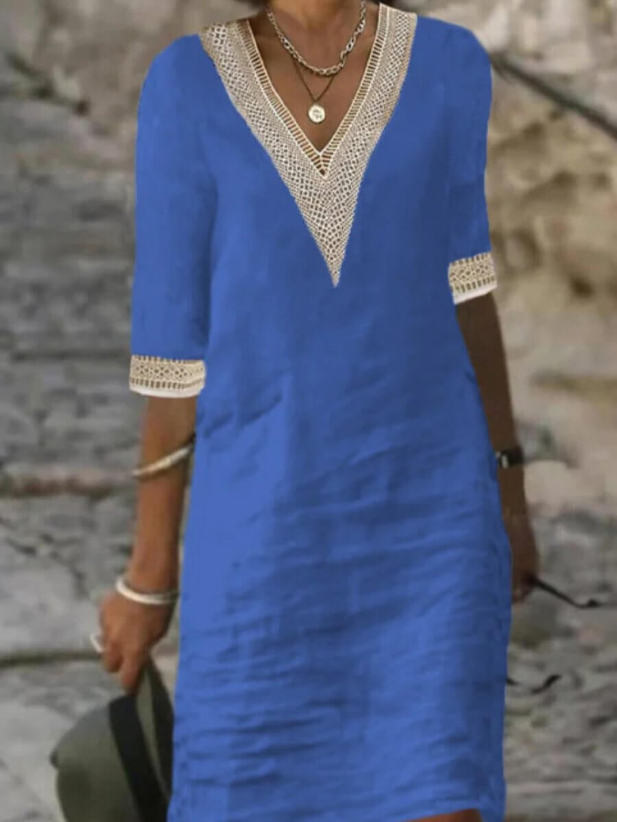 Women's cotton-linen casual V-neck dress, lightweight fabric, breathable for warm weather, relaxed fit, versatile style.